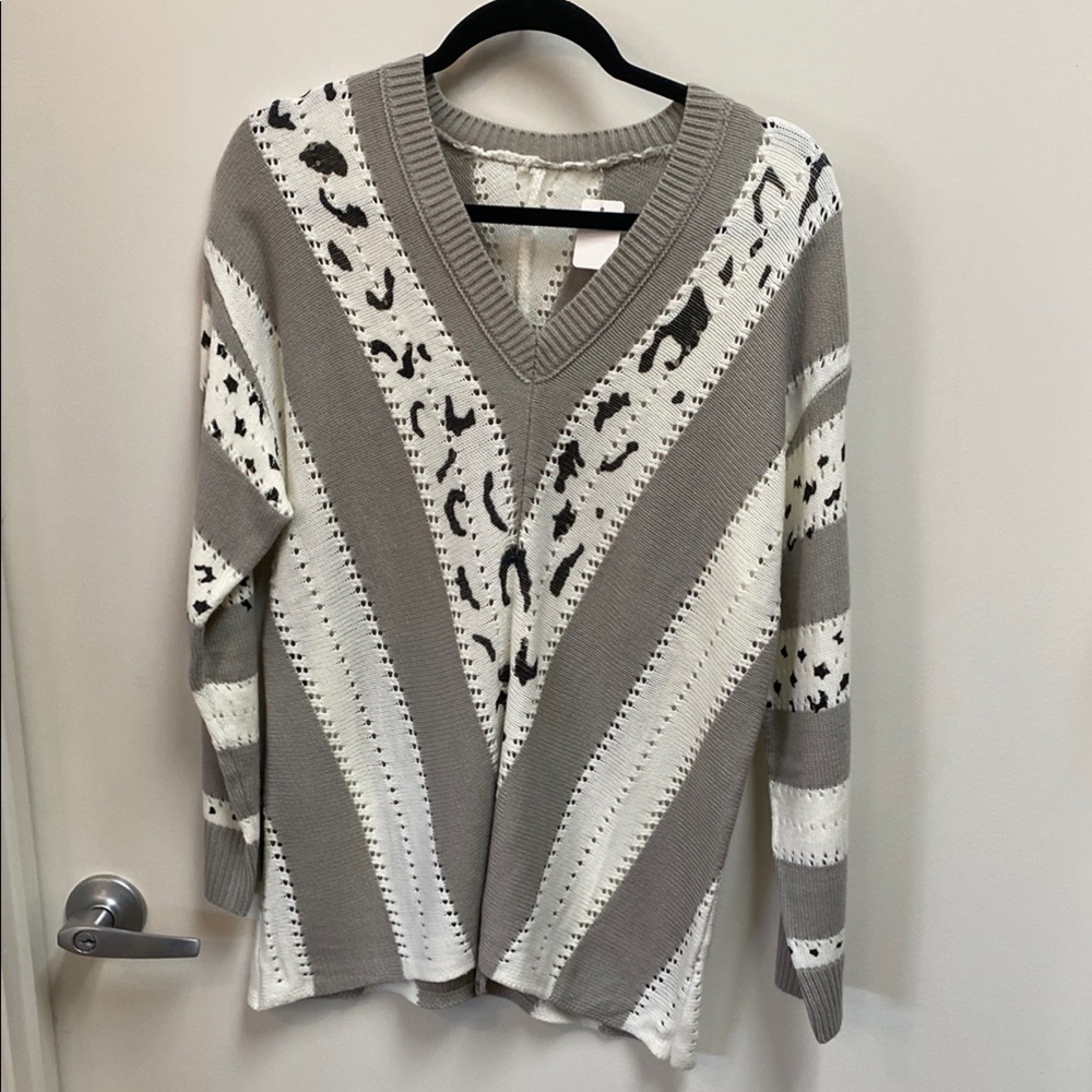 Gray and White V-Neck Sweater